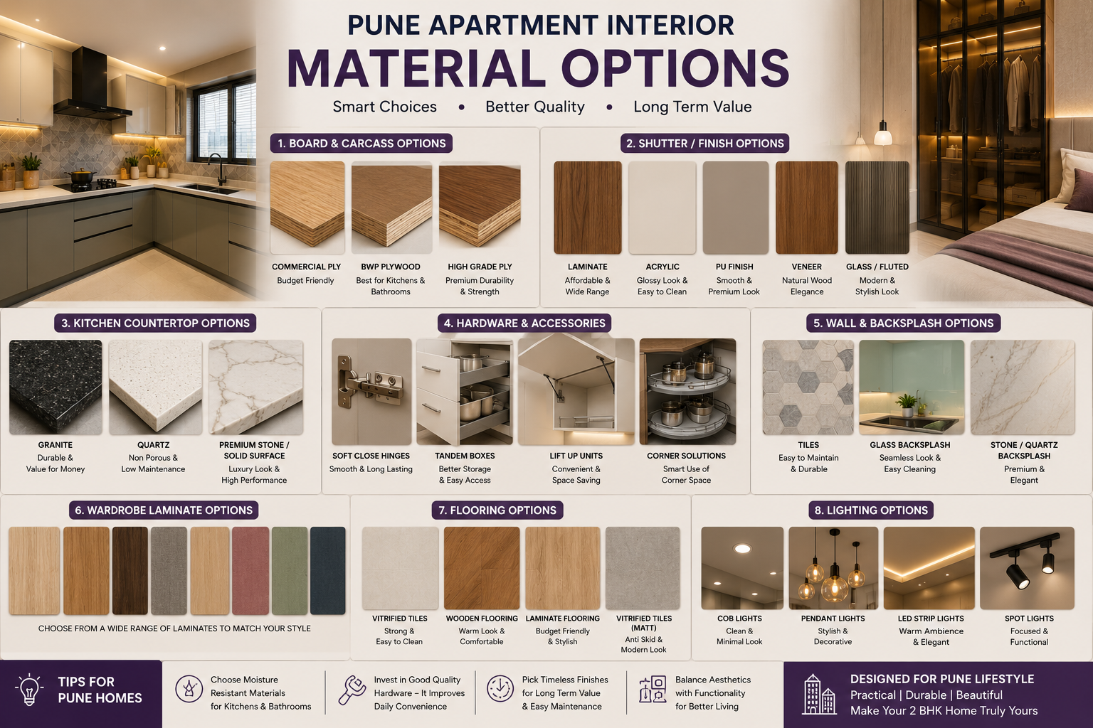 Pune apartment interior material options with modular kitchen finishes wardrobe laminates and lighting choices
