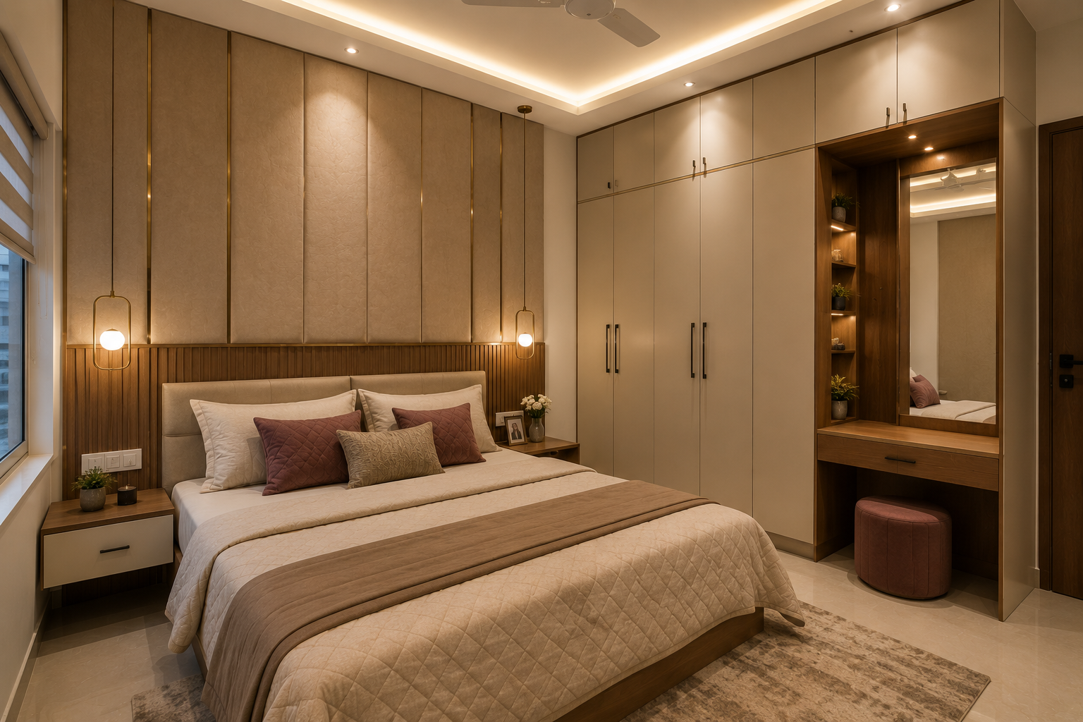 Modern 2 BHK bedroom interior with floor to ceiling wardrobe bed back panel and warm lighting