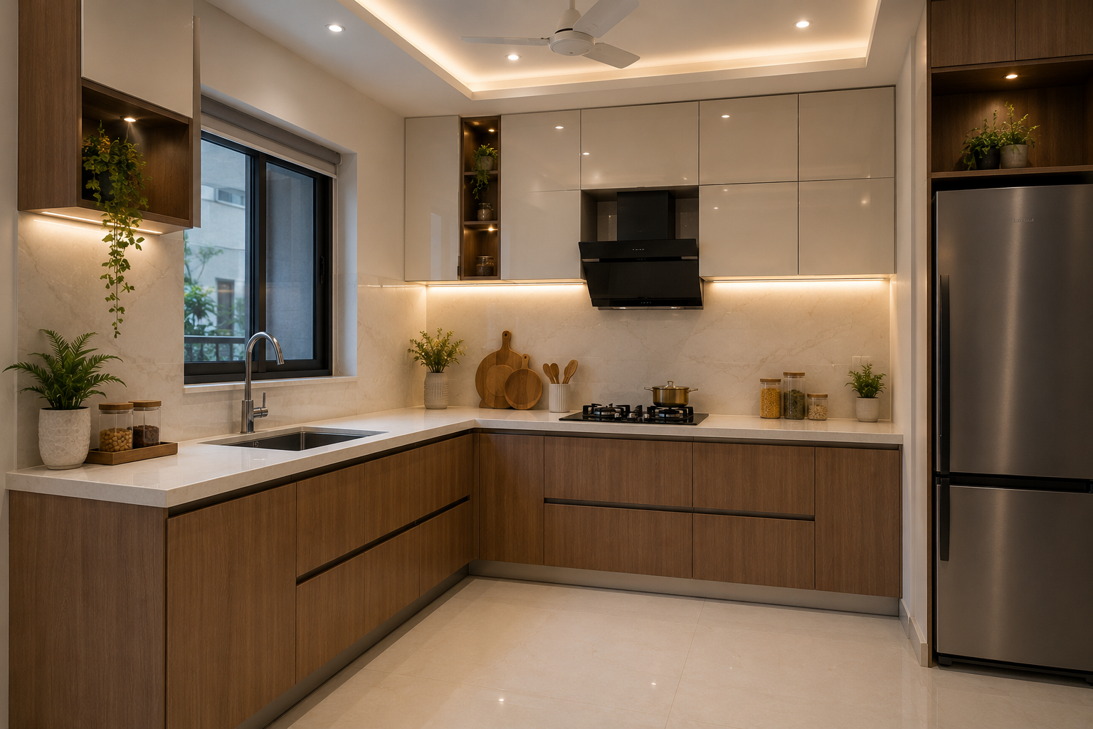 Modern modular kitchen cost for 2 BHK Indian apartment with L shaped layout white and wood cabinets