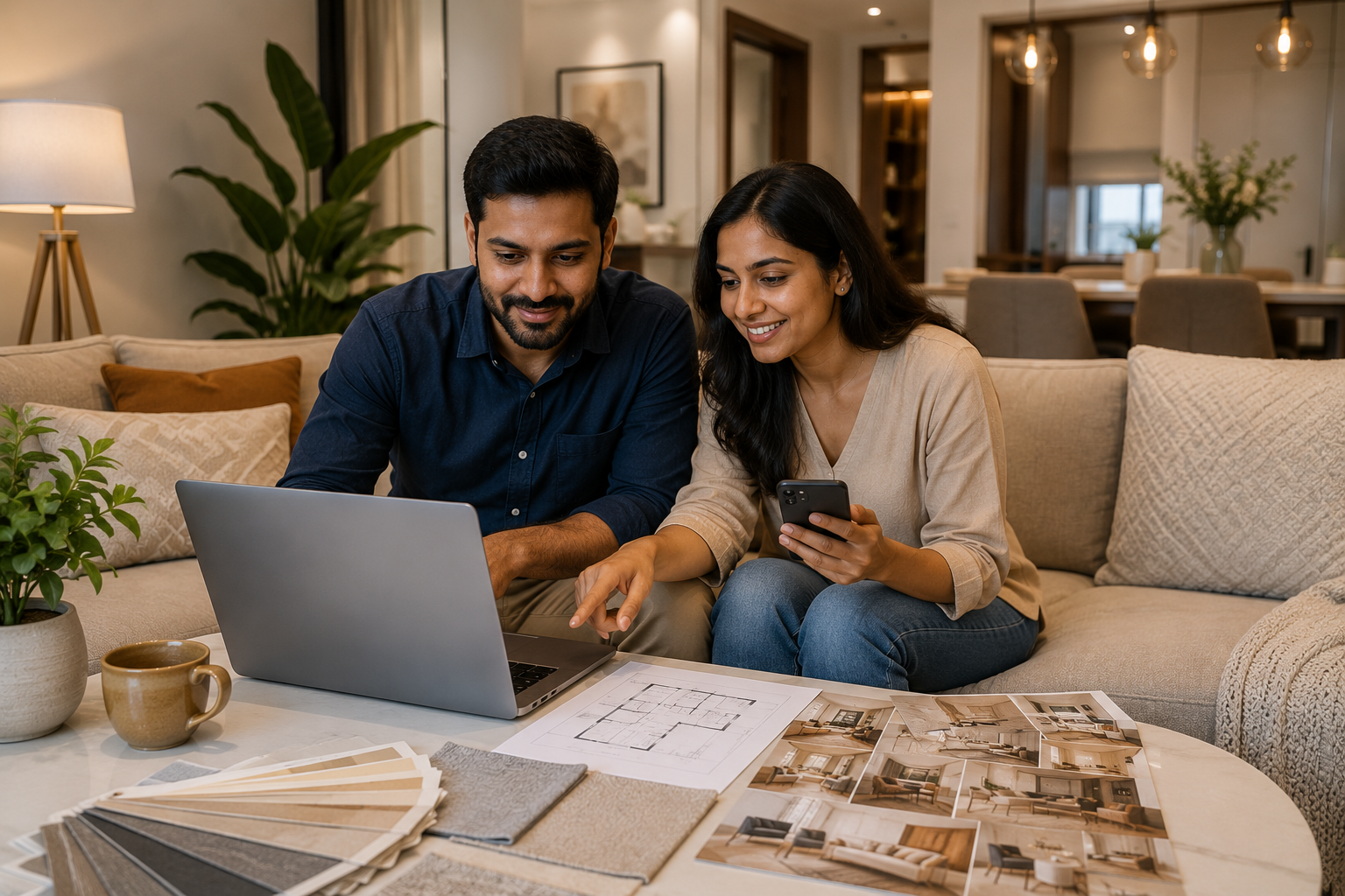 Indian couple checking 2 BHK interior design cost estimate on laptop and mobile in modern living room