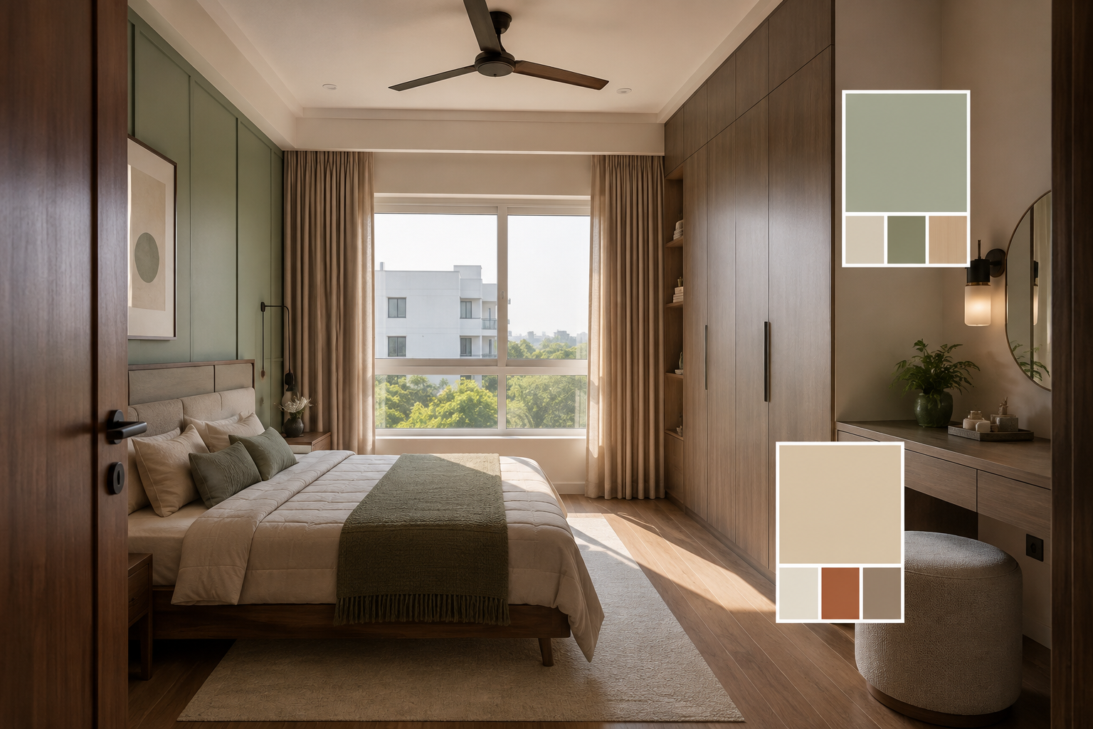 Bedroom and dressing area viewed from the doorway with natural daylight, wardrobe finishes, flooring tones and wall palette samples