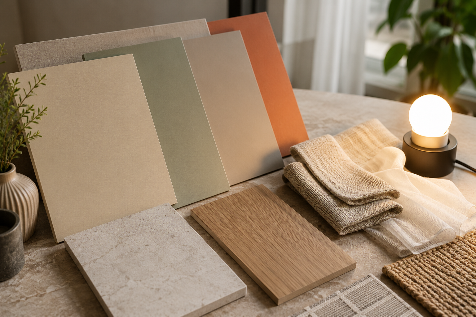 Interior material library with painted wall samples, flooring tile, wood veneer, curtain fabric and warm lighting